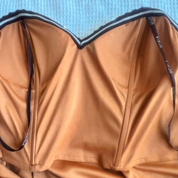 Scala Sequin Silk Strapless Bodycon Copper Brown Mini Sparkly Glam Mini Dress  6 - Picture 12 of 13